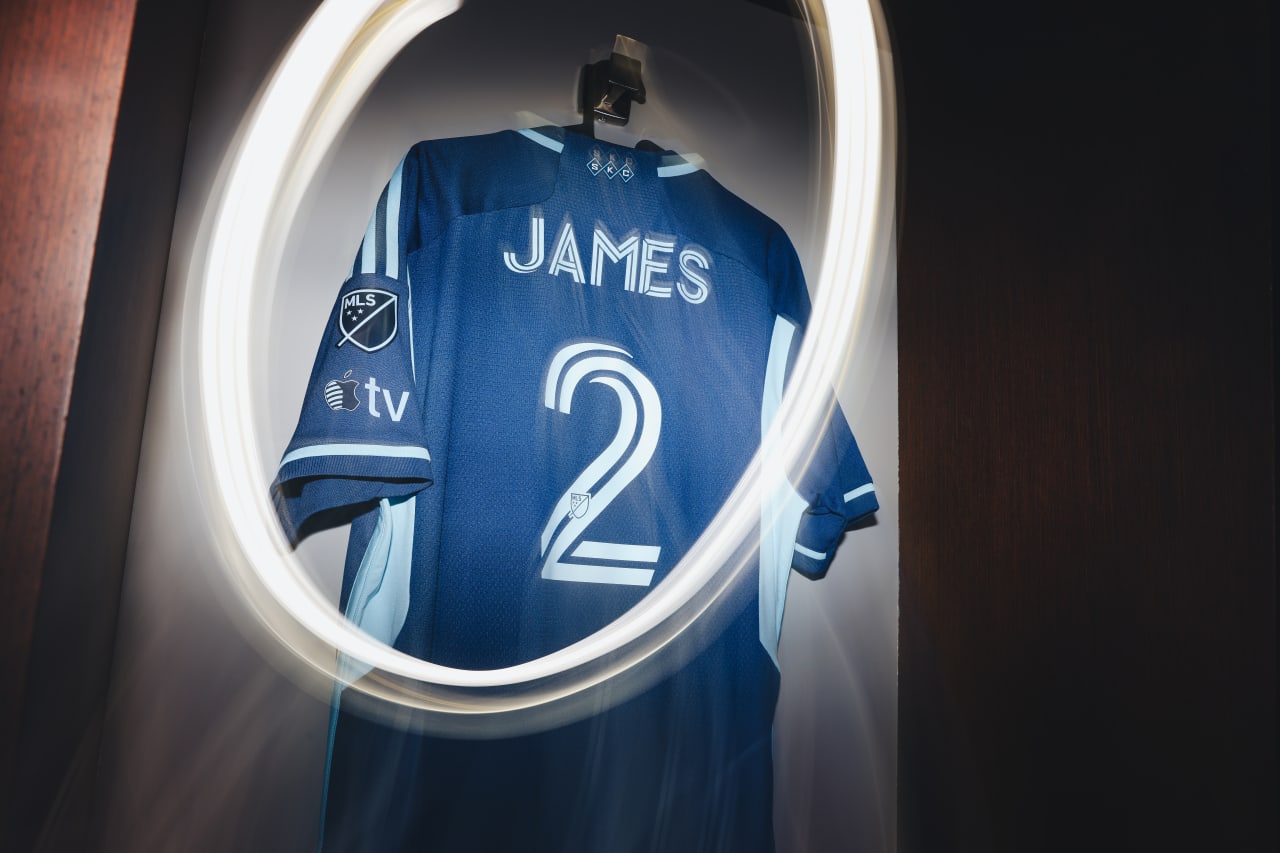 Sporting KC defender Ian James' jersey awaits the game in the locker room.