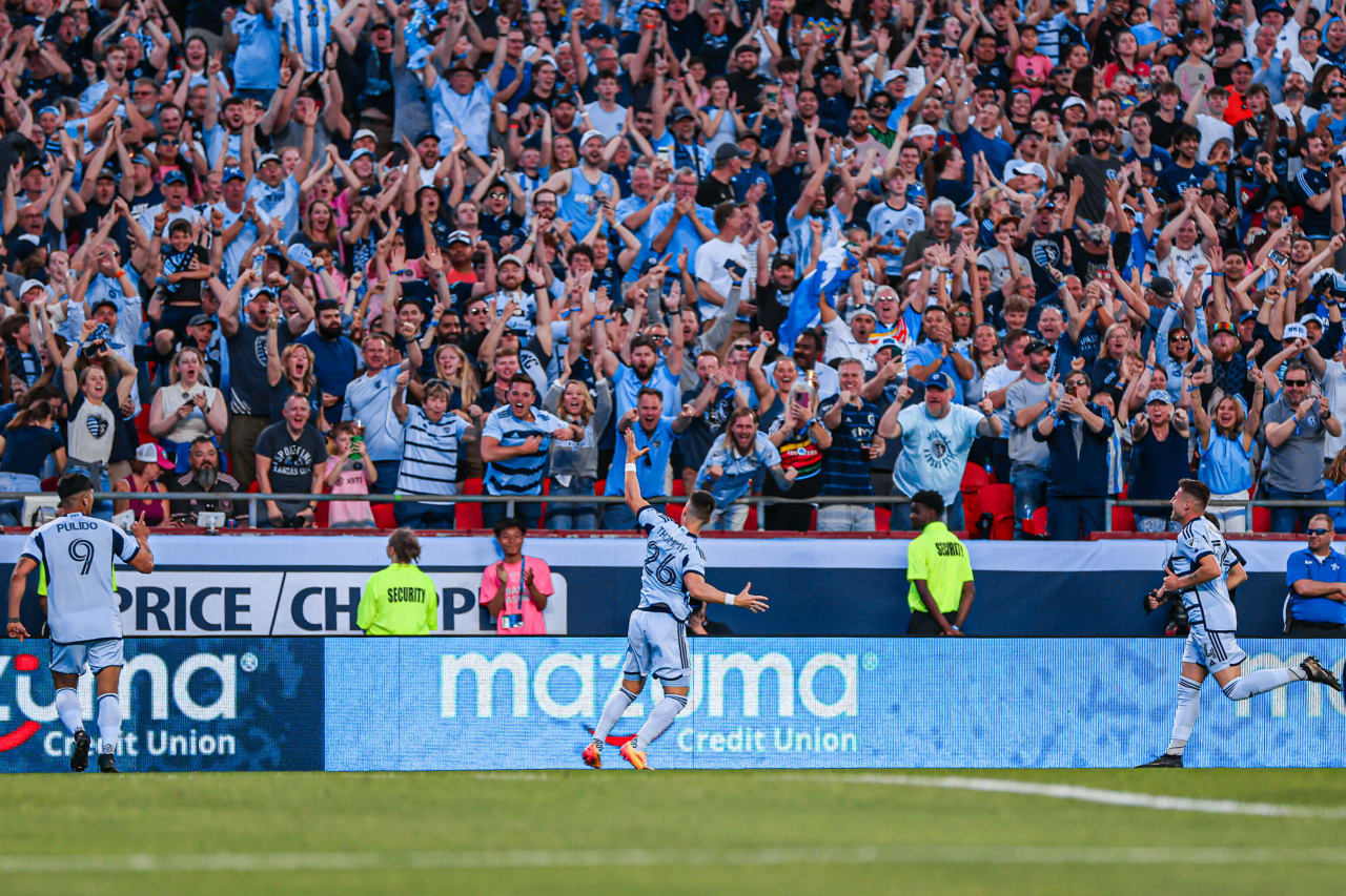 Erik Thommy (26) celebrates his goal against Inter Miami on Apr. 13 in front of 72,610 fans at GEHA Field at Arrowhead Stadium.