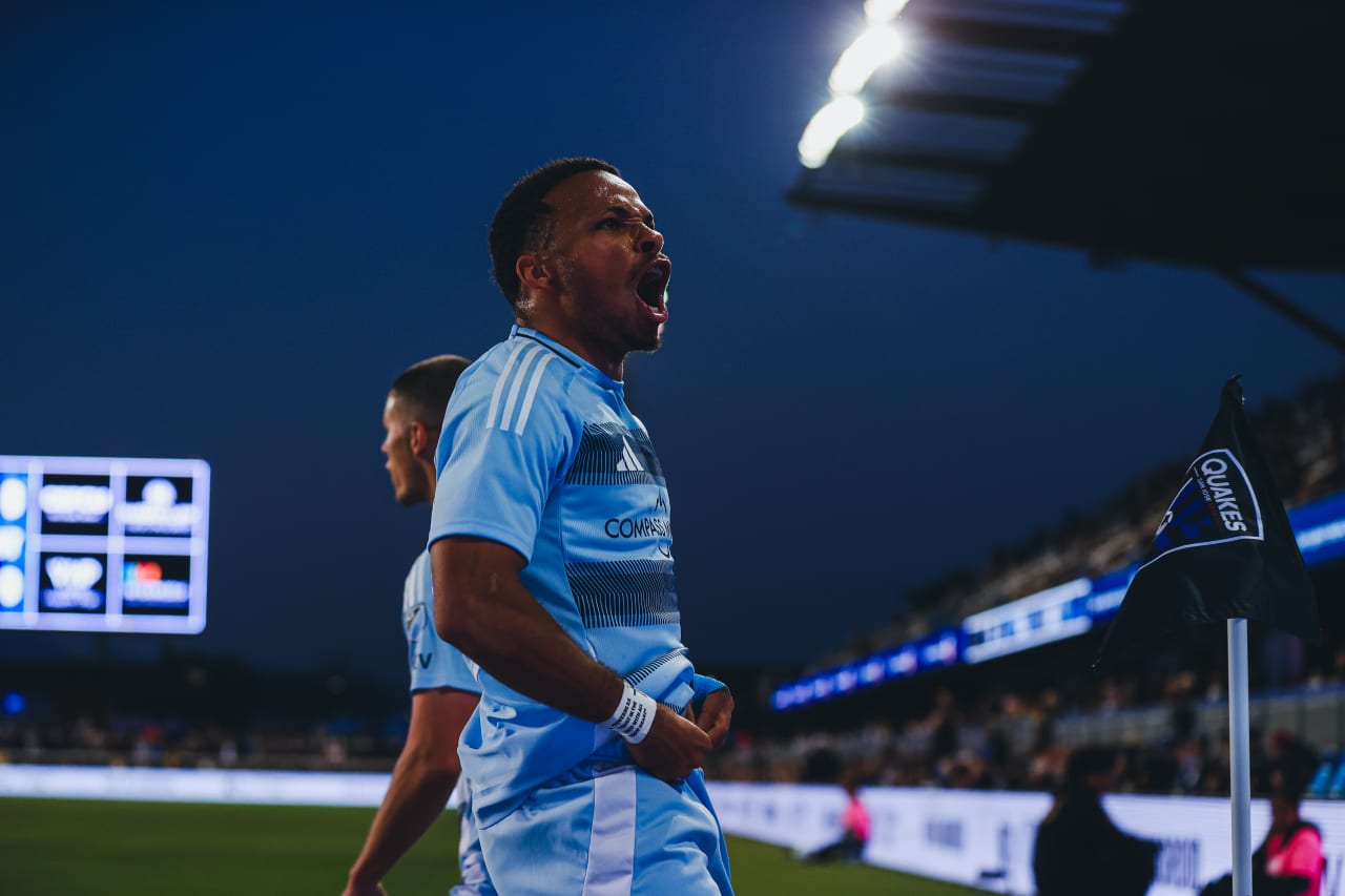 Sporting KC defender Logan Ndenbe yells in celebration of his goal vs San Jose