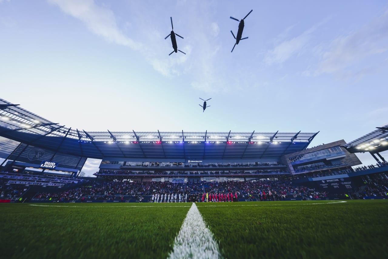 Children's Mercy Park before the game vs St. Louis as three helicopters fly over.