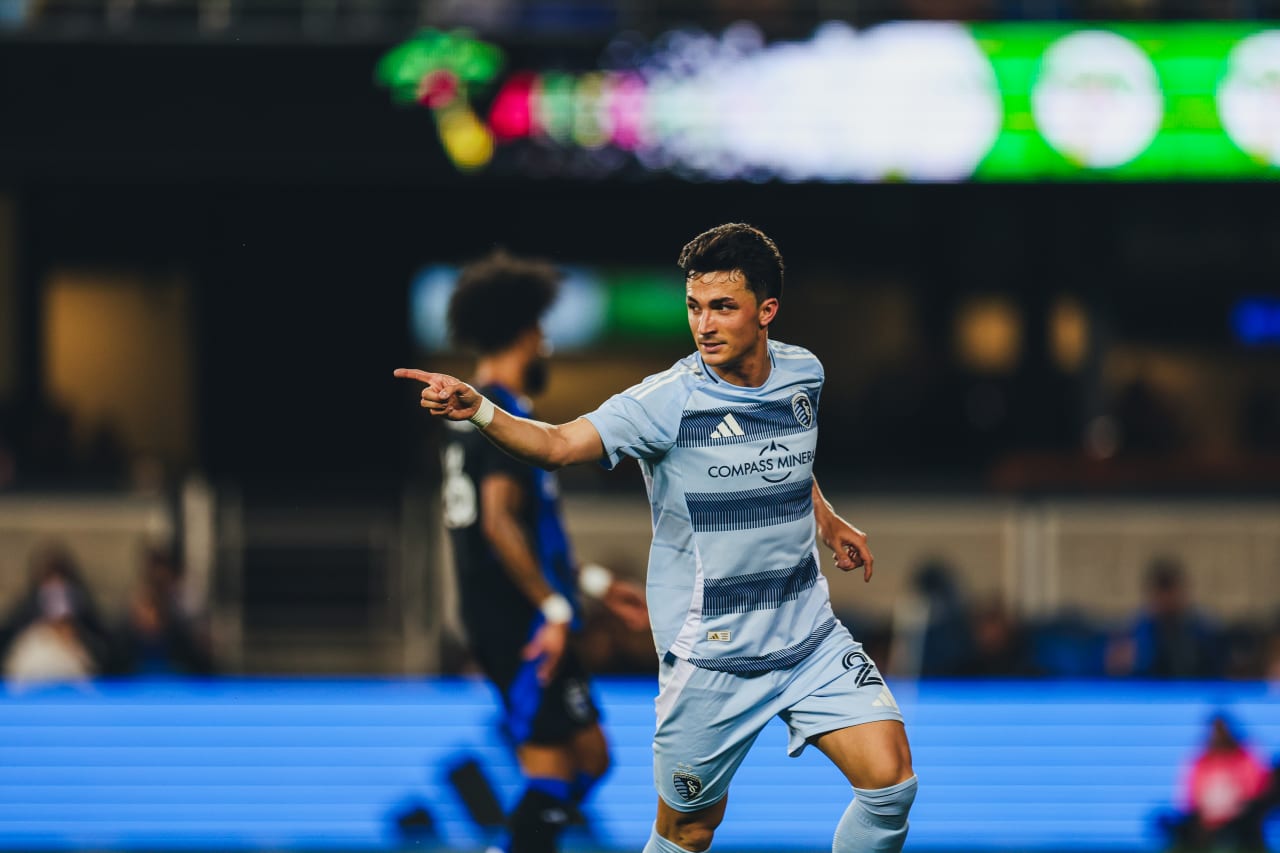 Sporting KC midfielder Manu Garcia celebrates after scoring his first MLS goal vs San Jose