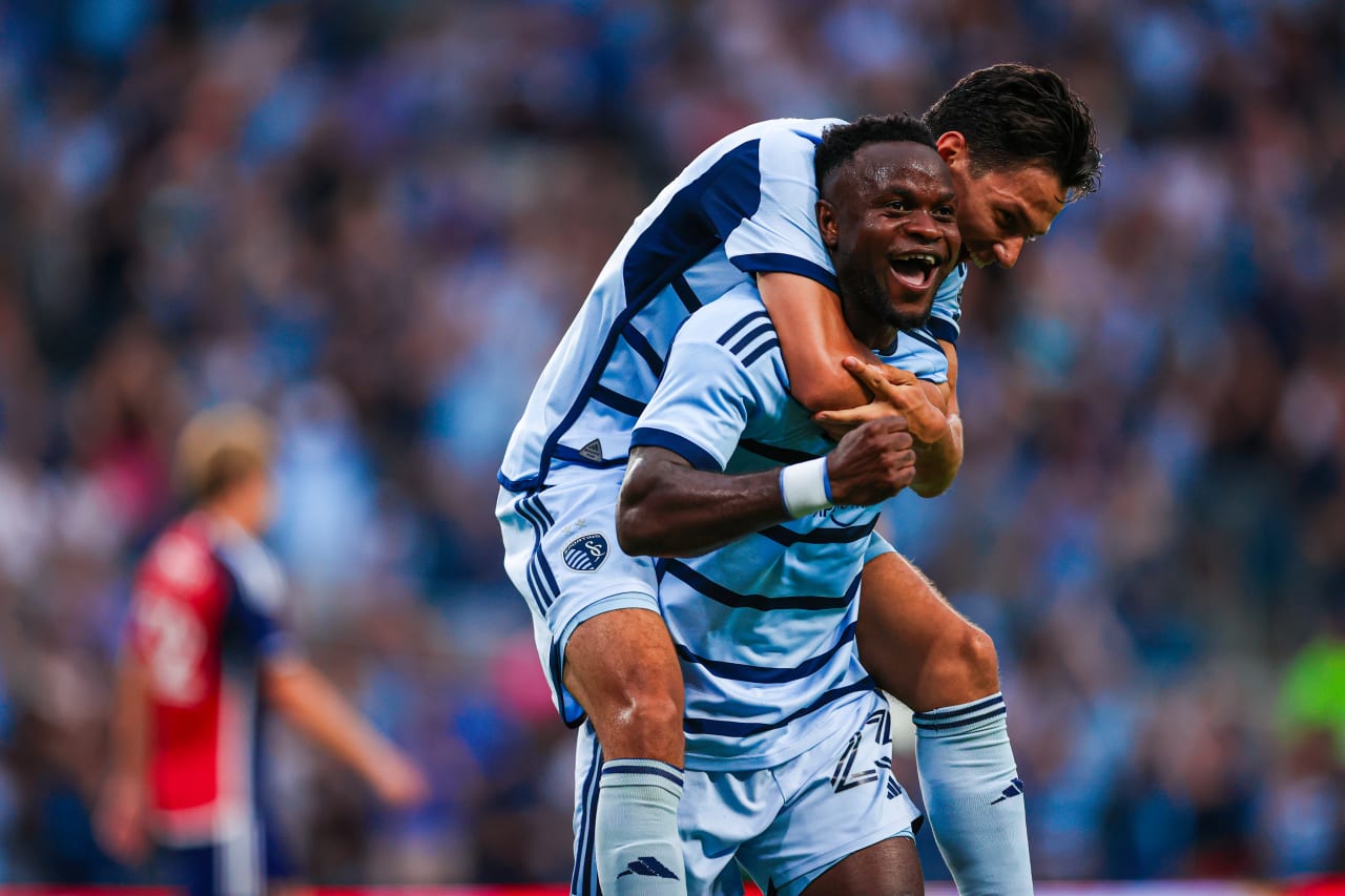 Forwards William Agada (23) and Daniel Salloi (10) celebrate after Agada's goal during the SKC vs FC Dallas match on  Jul. 7, 2024