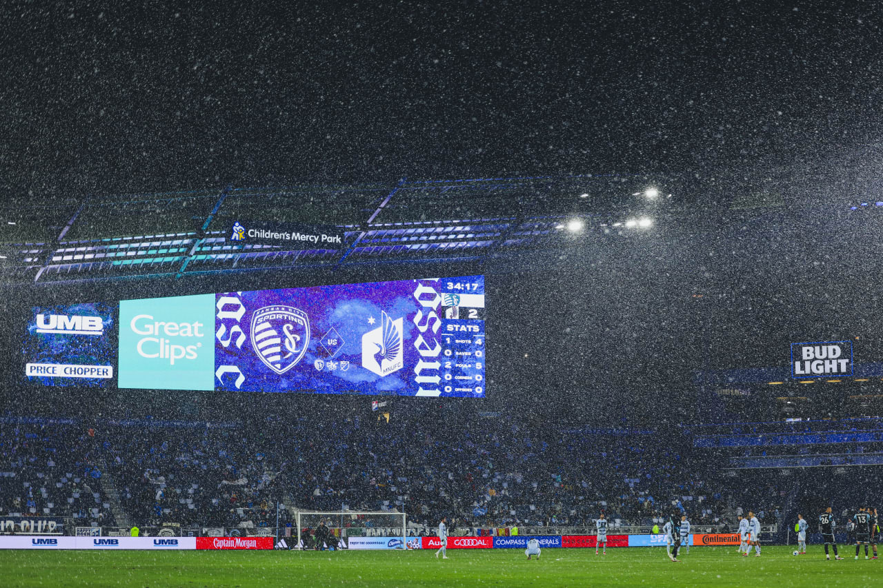 The snow cascaded down at Children's Mercy Park during the game.