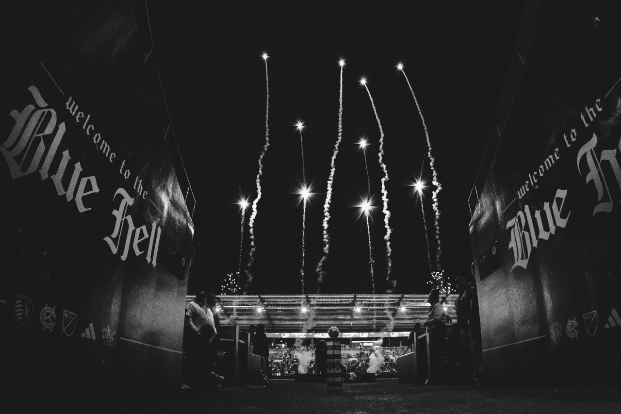Fireworks shoot off at Children's Mercy Park pregame.