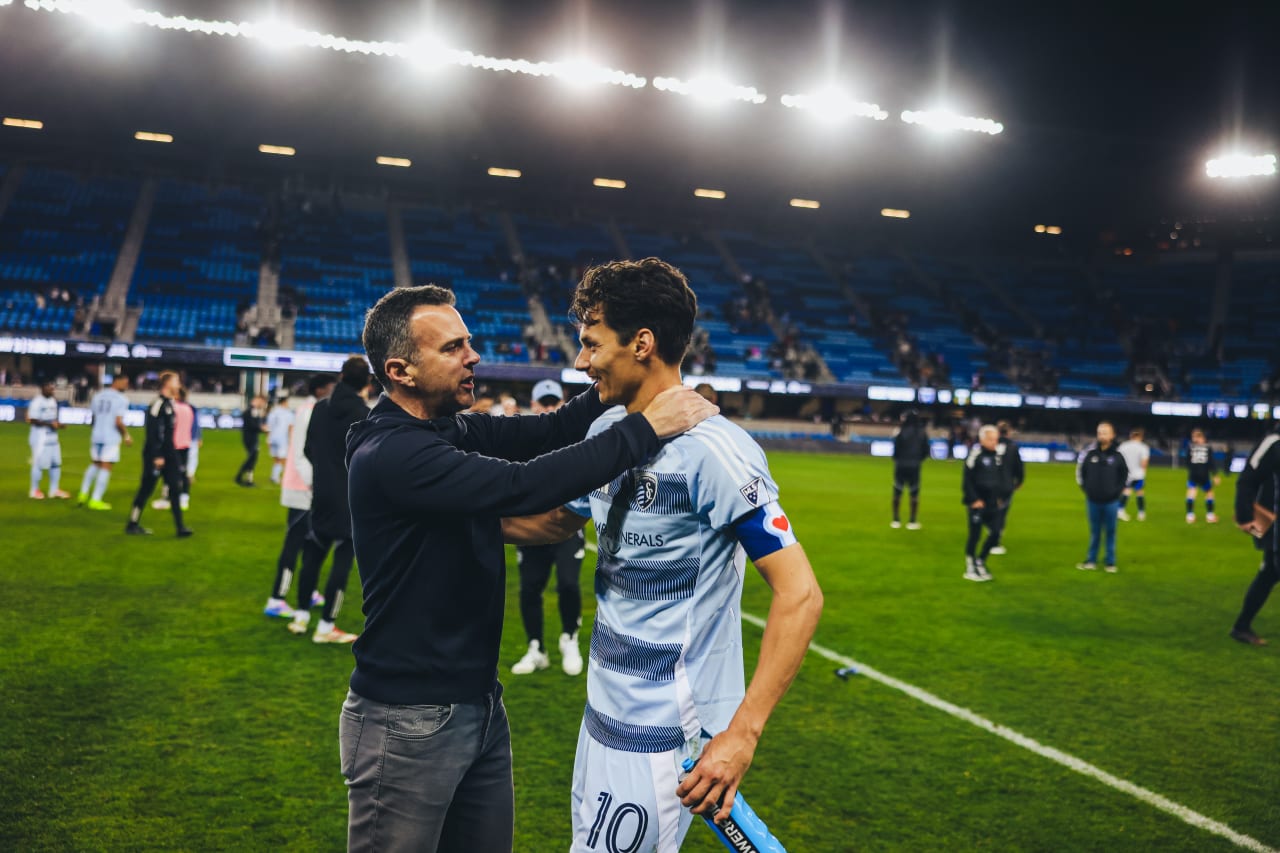 Sporting KC Interim Head Coach Kerry Zavagnin talks to Sporting KC forward Daniel Salloi after the game vs San Jose