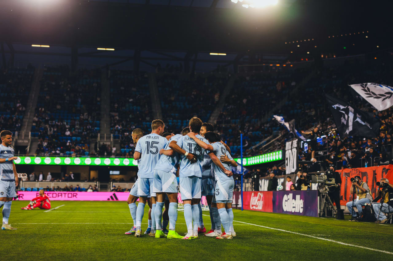 Sporting KC teammates celebrate midfielder Manu Garcia's goal vs San Jose
