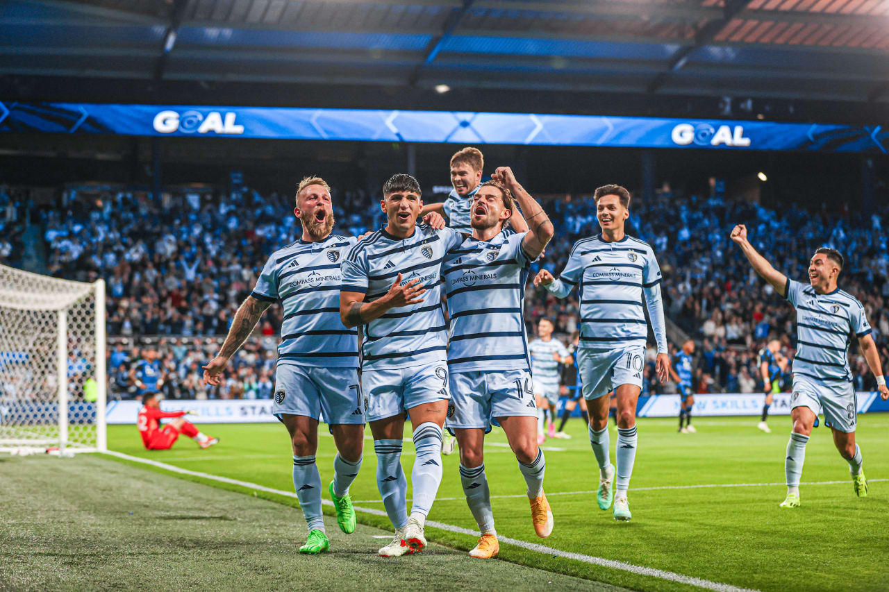 Captain Johnny Russell (7), Midfielder Jake Davis (17), Defender Tim Leibold (14), Forward Daniel Salloi (10) and Midfielder Memo Rodriguez (8) all rally behind Forward Alan Pulido after he scored against SJ on April 16, 2024.