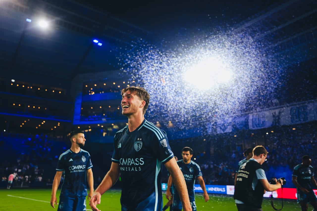 Sporting KC midfielder Jacob Bartlett celebrates the win over the Colorado Rapids.