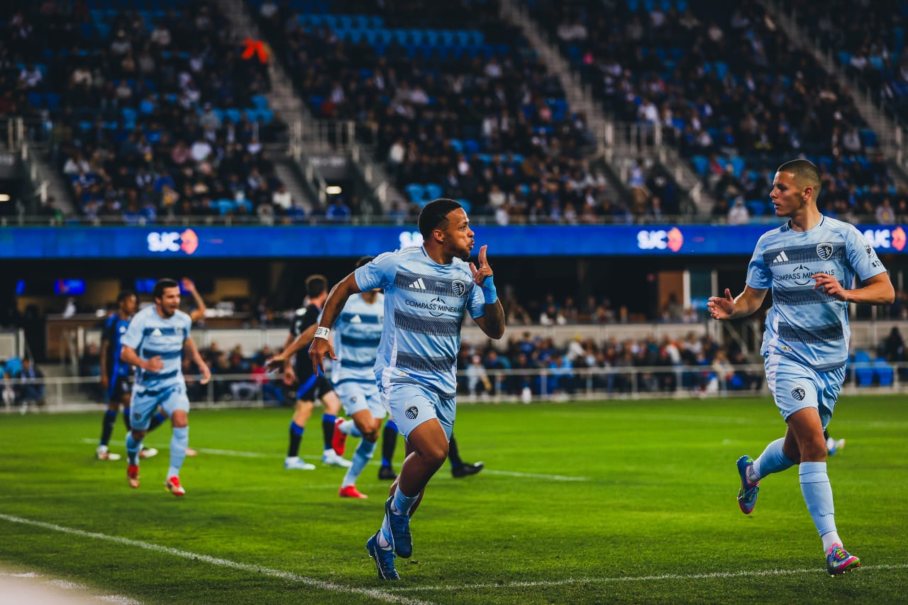 Sporting KC defender Logan Ndenbe celebrates his goal vs San Jose