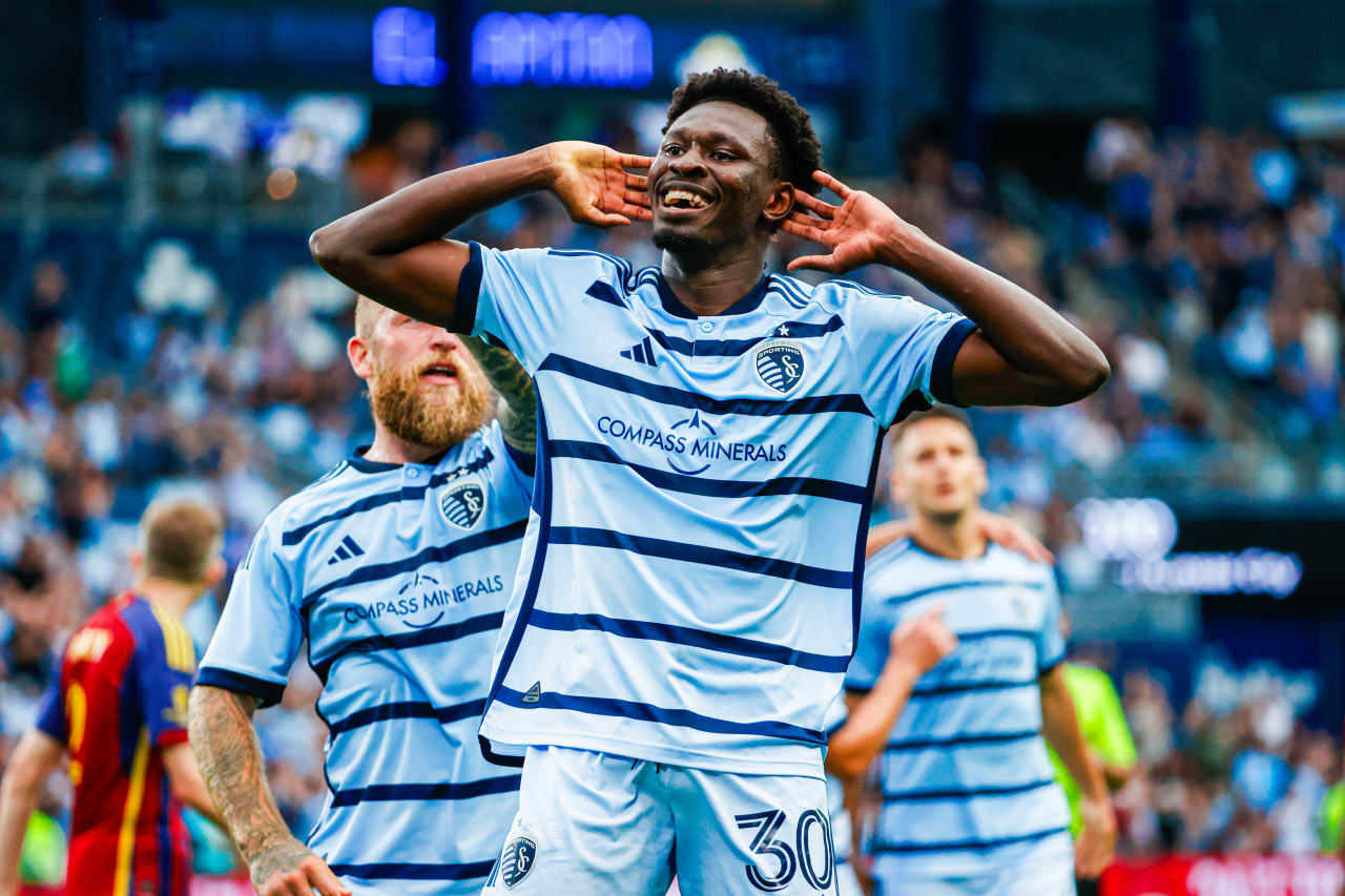 Forward Stephen Afrifa (30)  pumps the crowd after his goal against Real Salt Lake on June 19, 2024.