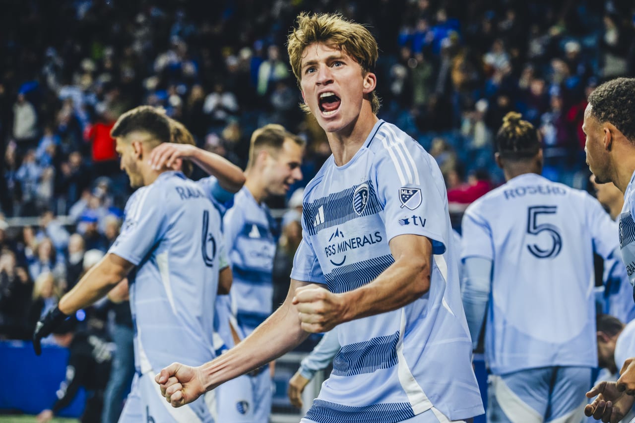 Sporting KC midfielder Jacob Bartlett celebrates towards the Cauldron after going up on St. Louis two to nothing.