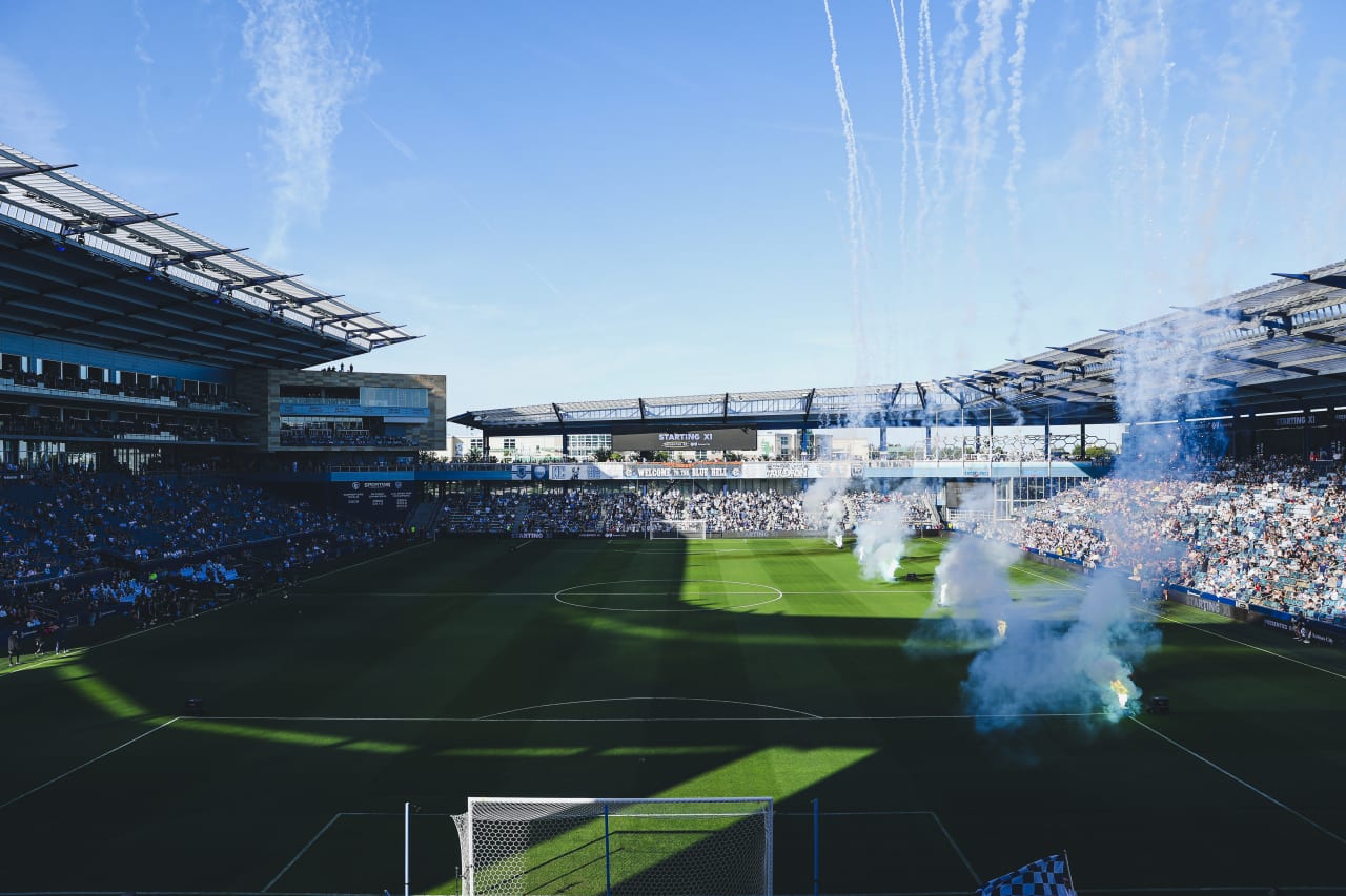 Fireworks shoot off in the bowl before the game on Sunday.