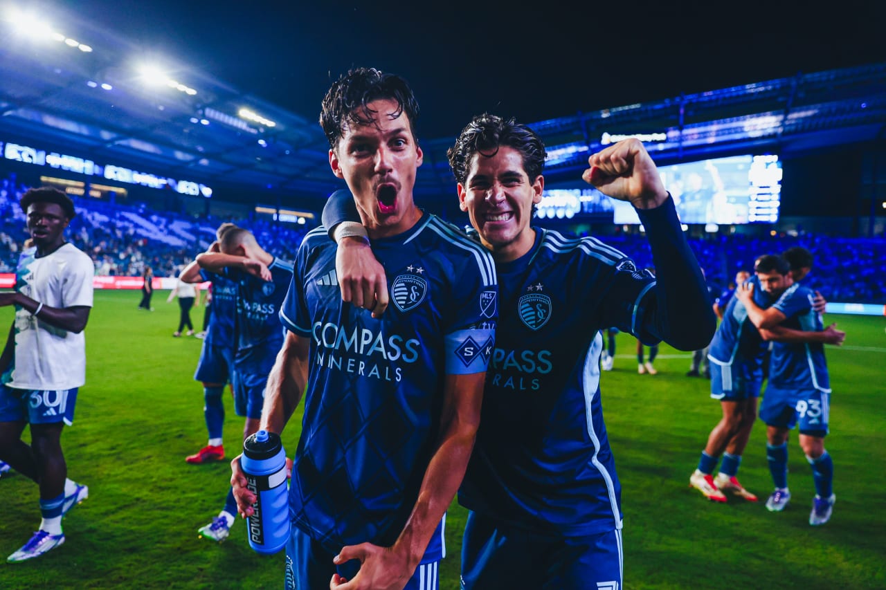 Sporting KC forwards Daniel Salloi and Santi Munoz celebrate after the win vs Colorado.