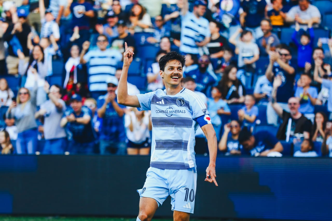 Sporting KC forward Daniel Salloi celebrates after his pass is deflected into the goal vs LA.