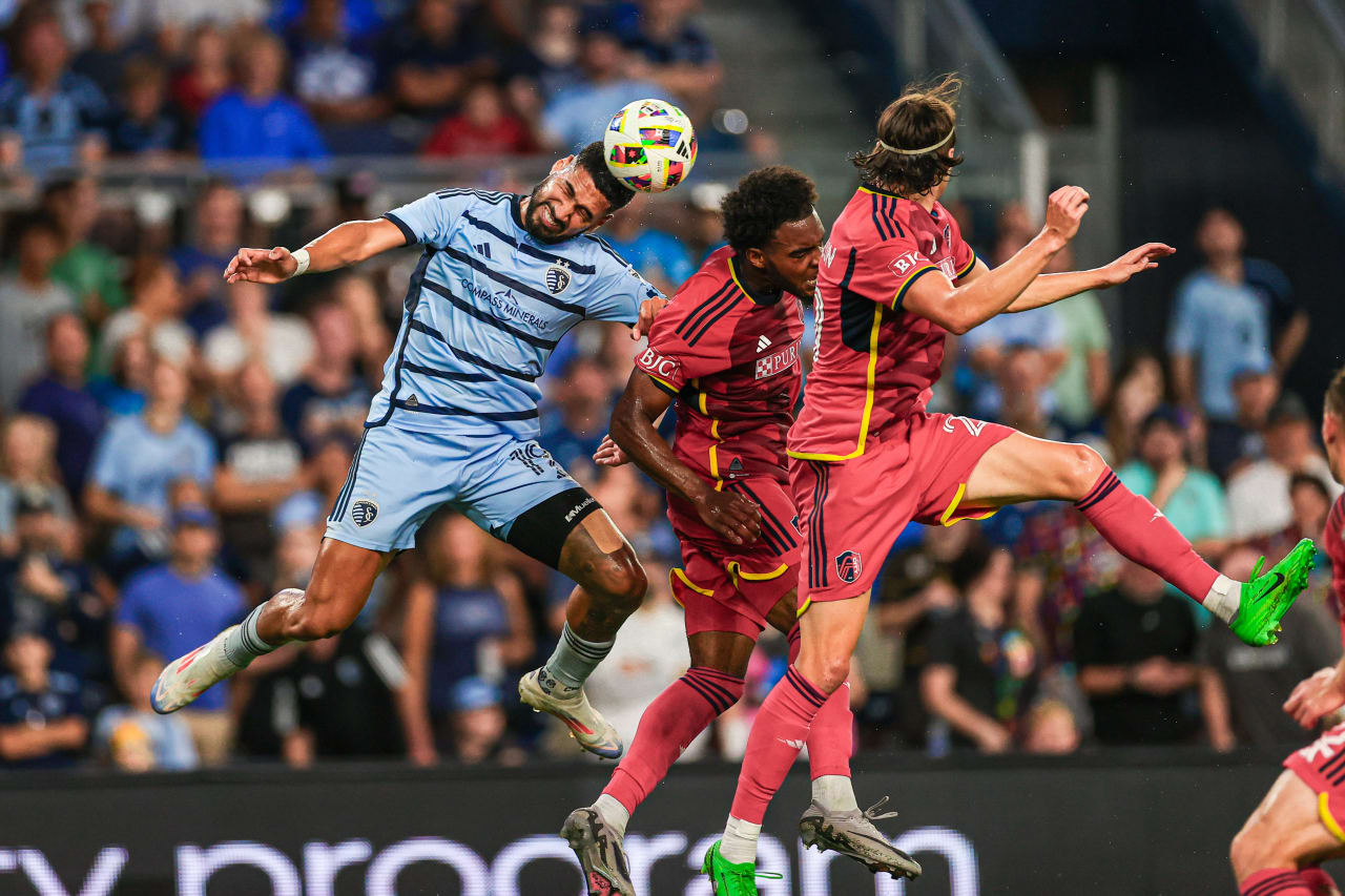 Defender Robert Castellanos wins the ball from St. Louis on the July 20 match.