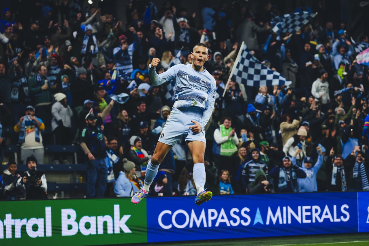 Sporting KC forward Dejan Joveljic jumps in celebration after scoring vs St. Louis.