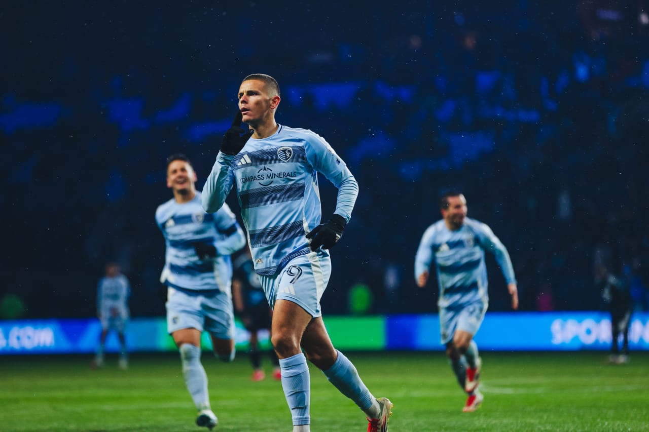 Sporting KC forward Dejan Joveljic does his signature gun celebration after scoring in the 80th minute.