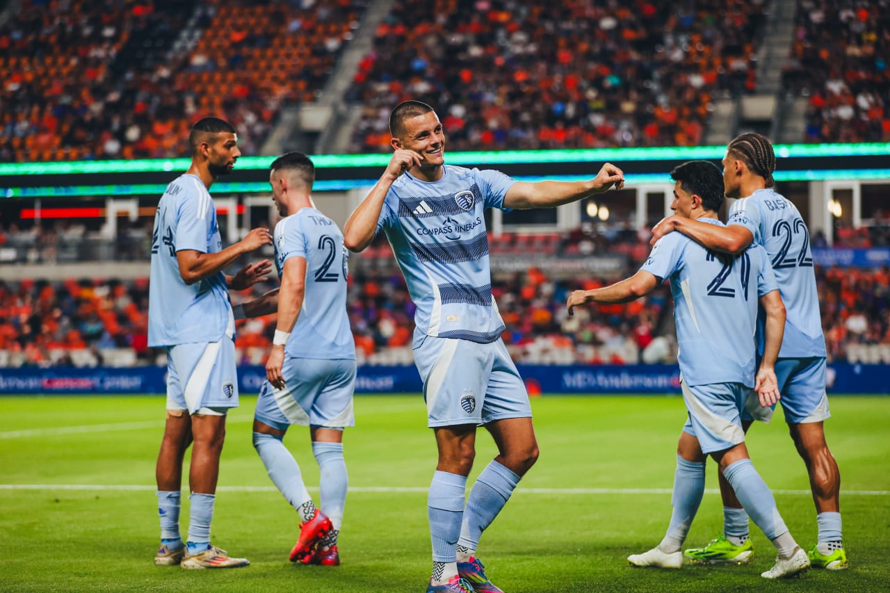 Sporting KC forward Dejan Joveljic celebrates after his first goal vs Houston