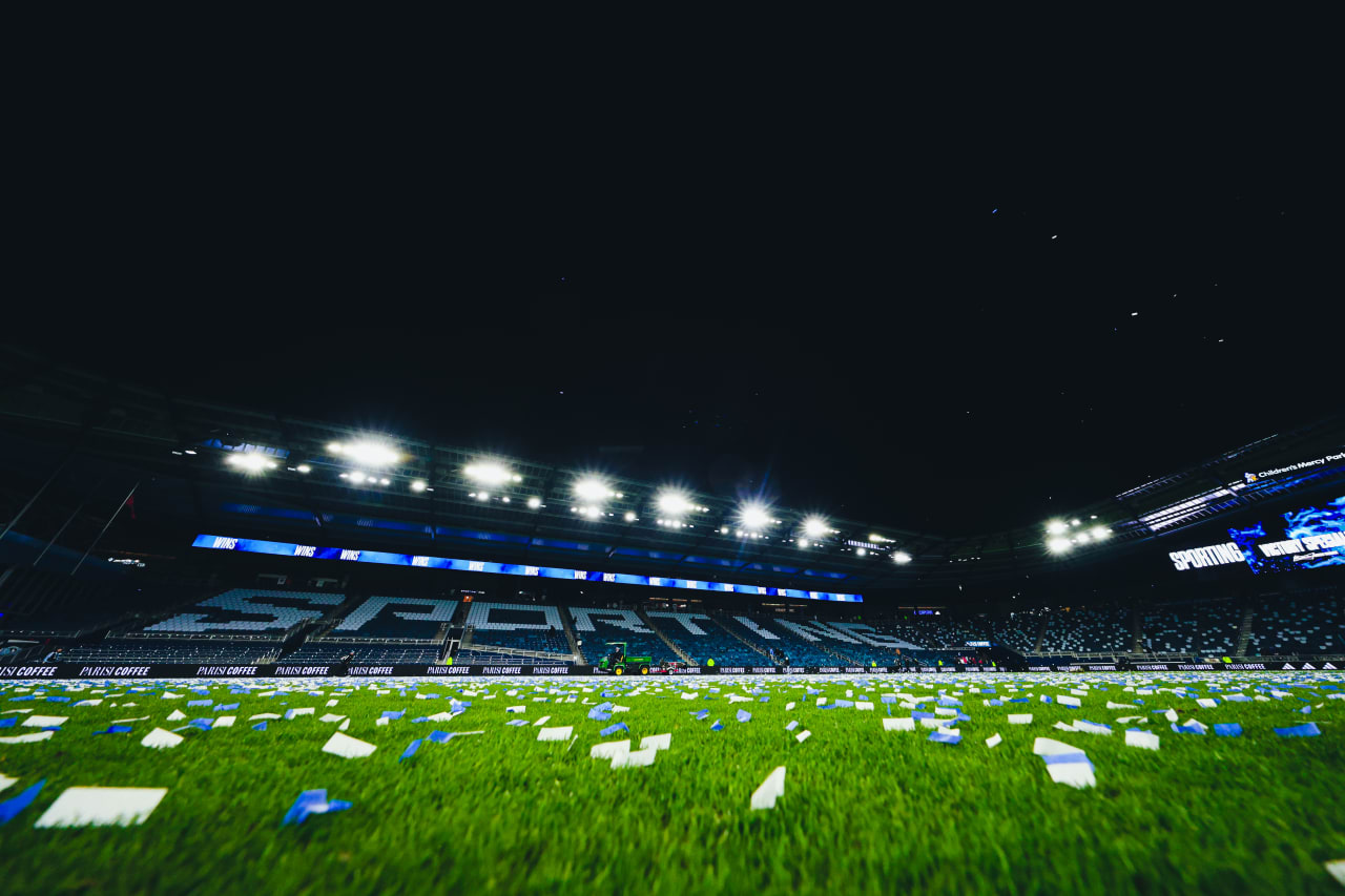 Confetti in an empty Children's Mercy Park after Sporting KC beat St. Louis.