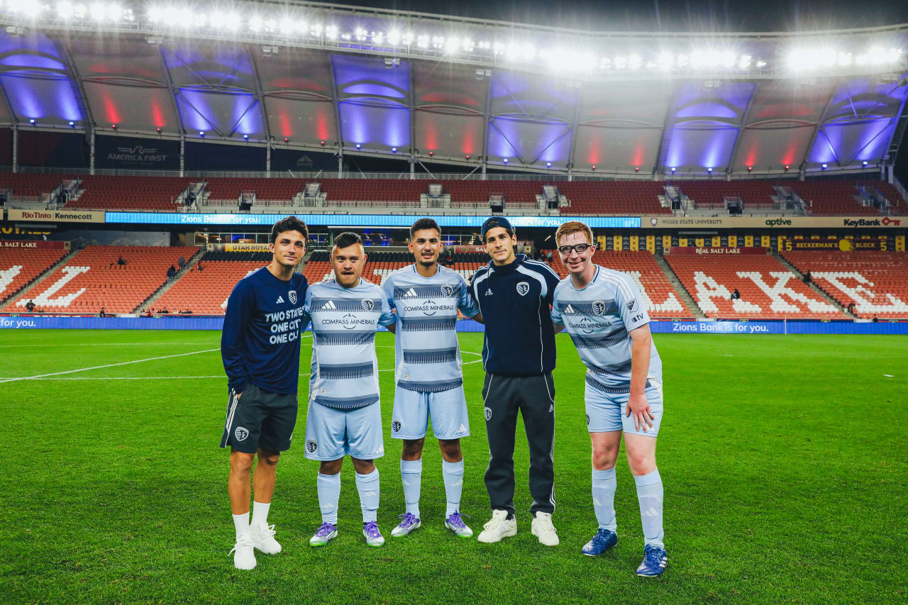 Sporting KC players Manu García and Santiago Muñoz pose for a photo with SKC Unified players Angel Castillo, German Castillo and Josh Toplikarafter the Unified game.