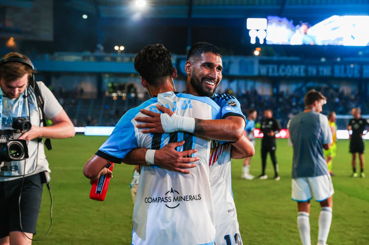 Defender Robert Castellanos and Forward Daniel Salloi celebrate the 2-1 win over Chicago Fire on Jul. 28.