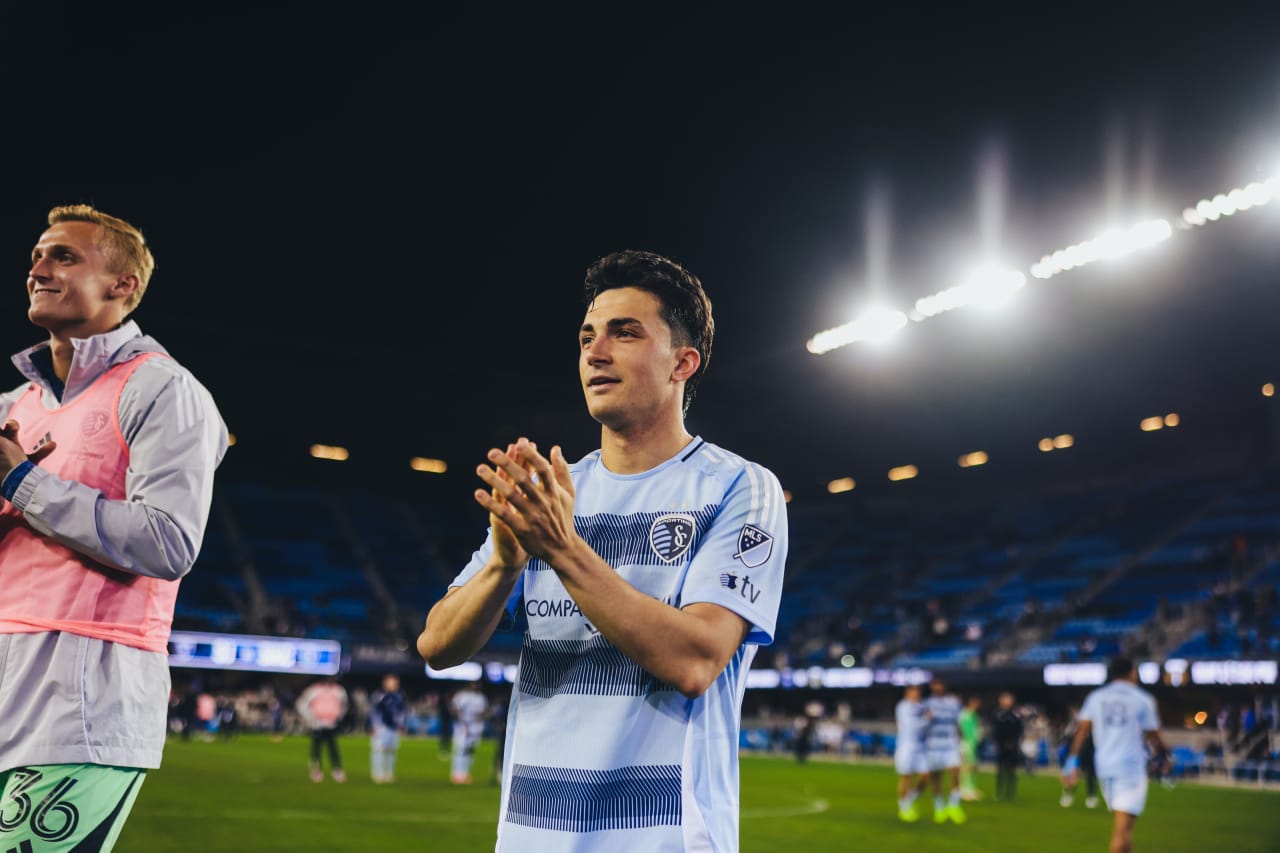 Sporting KC midfielder Manu Garcia thanks fans after the game vs San Jose