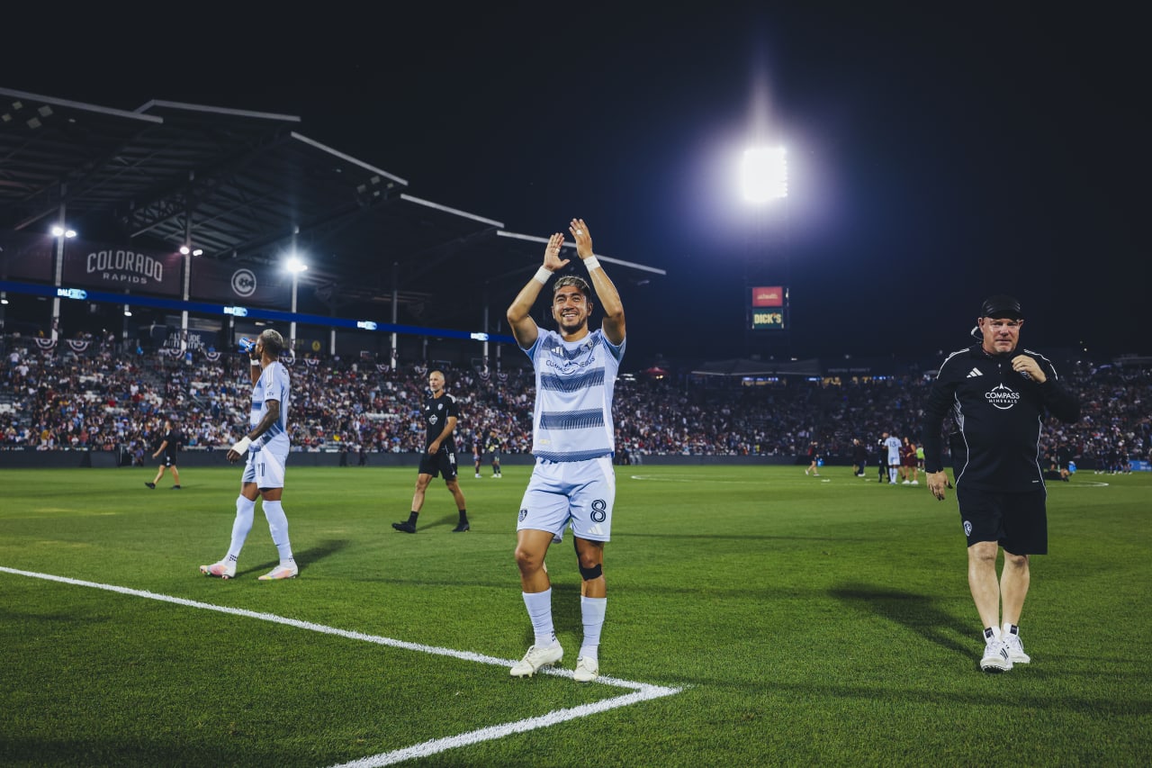 Sporting KC midfielder Memo Rodriguez thanks the fans after beating the Colorado Rapids