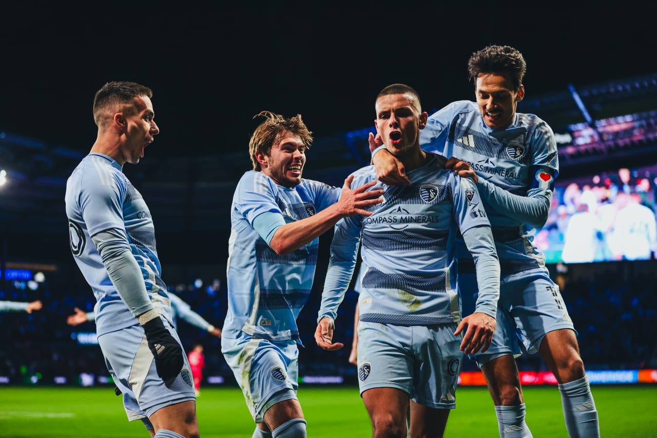Sporting KC forward Dejan Joveljic celebrates in the corner with his teammates after scoring the second goal vs St. Louis.