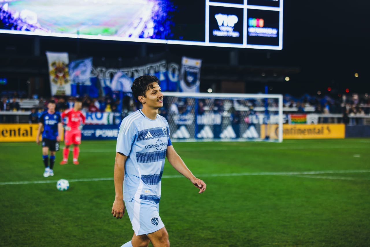 Sporting KC forward Daniel Salloi smiles after completing his brace in the game vs San Jose