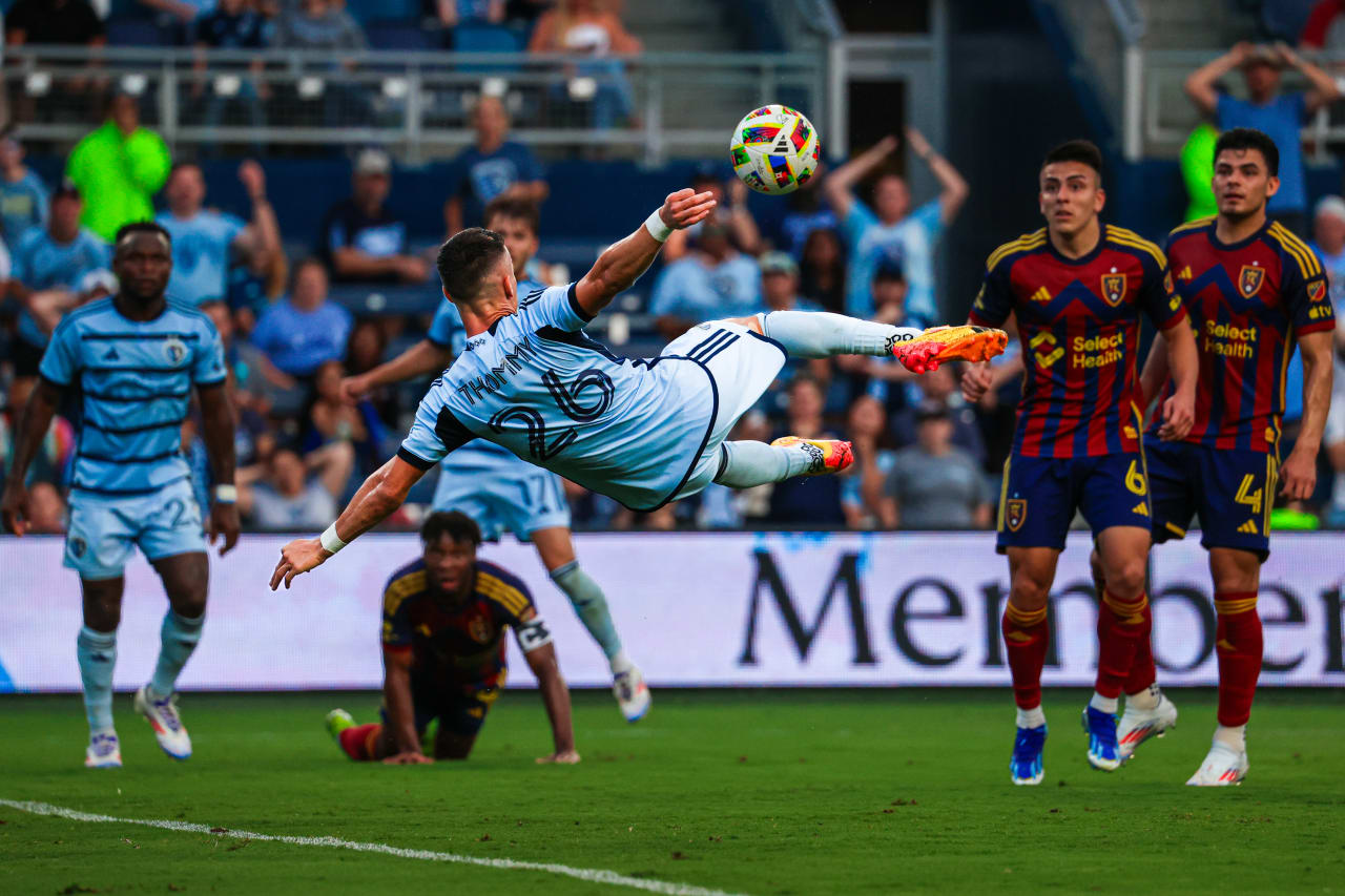 Midfielder Erik Thommy goes for the bicycle kick during the June 19 match against Real Salt Lake.