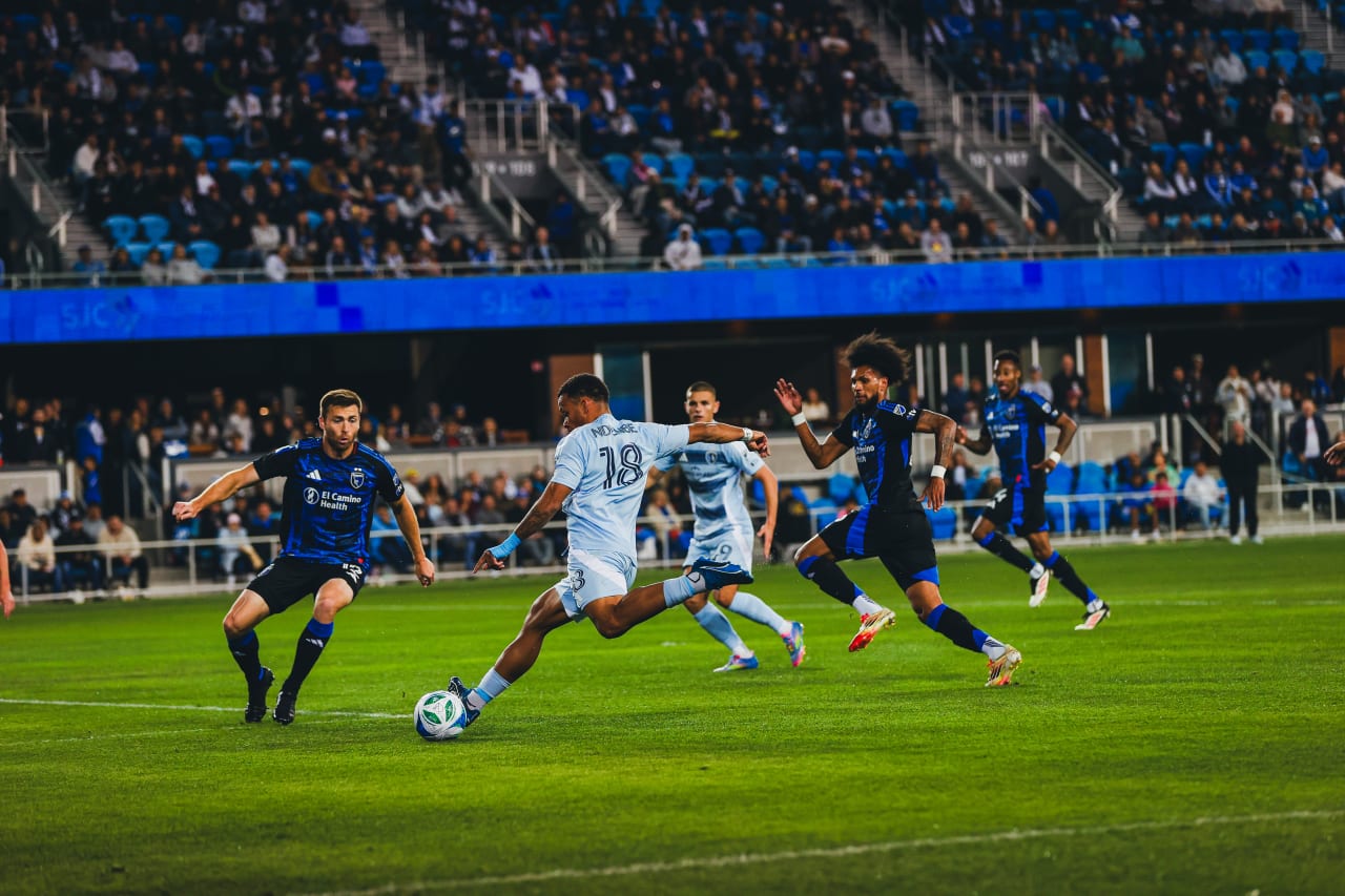 Sporting KC defender Logan Ndenbe shoots and scores vs San Jose