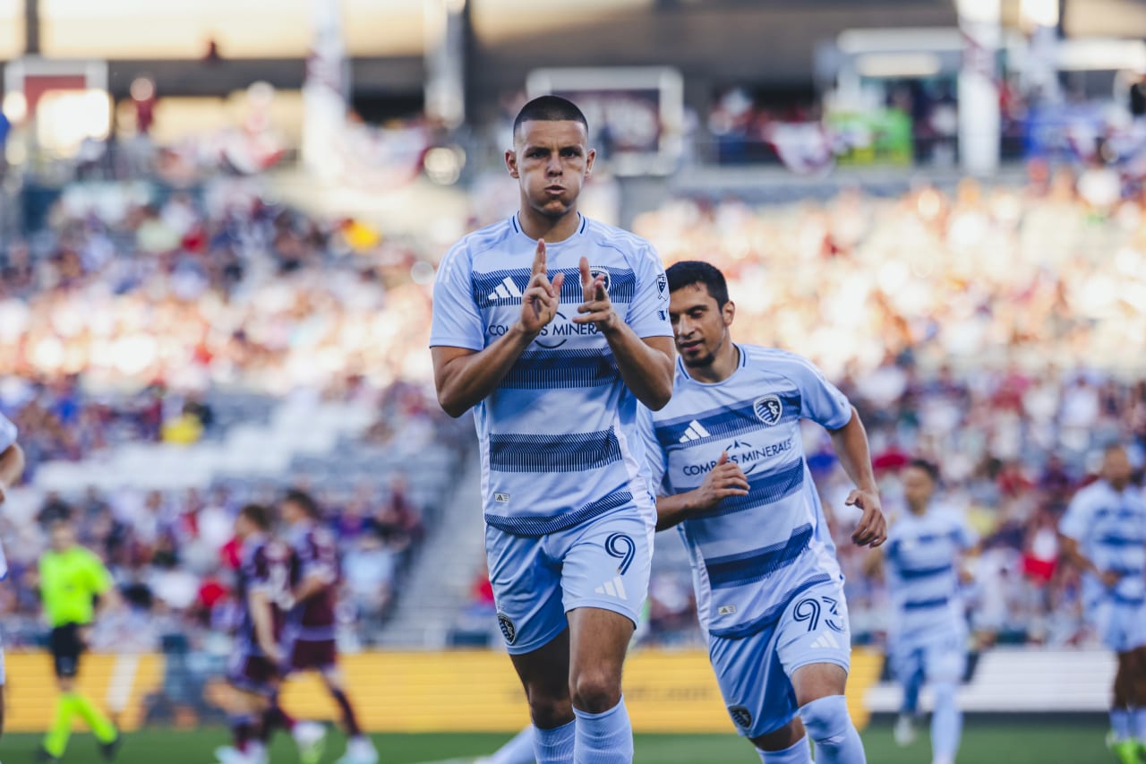 Sporting KC forward Dejan Joveljic celebrates with his signature gun celebrationafter scoring in the 4th minute