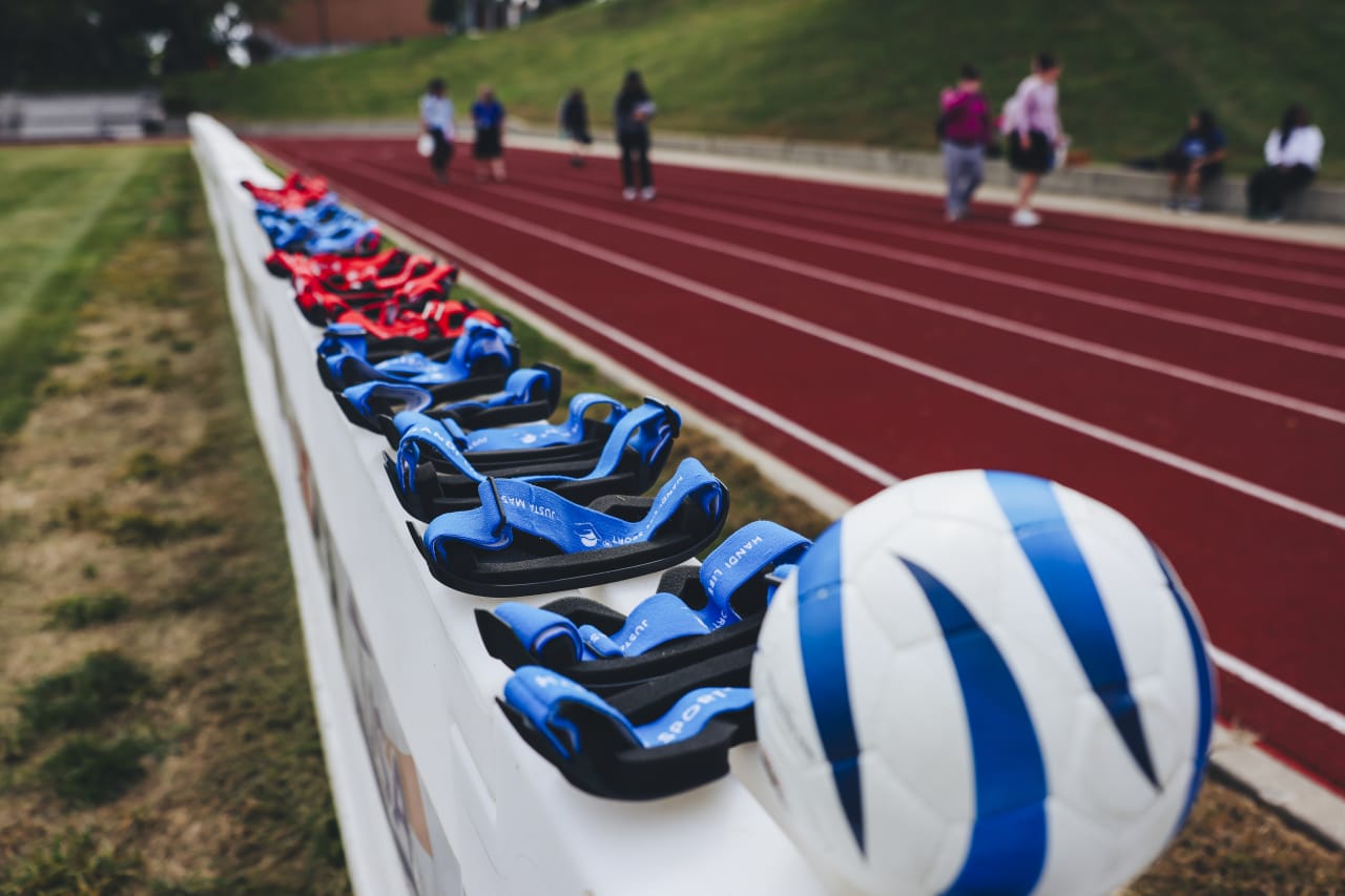 The blindfolds for blind soccer lined up before the clinic starts.