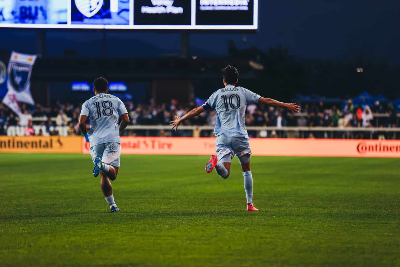 Sporting KC forward Daniel Salloi celebrates after scoring against San Jose