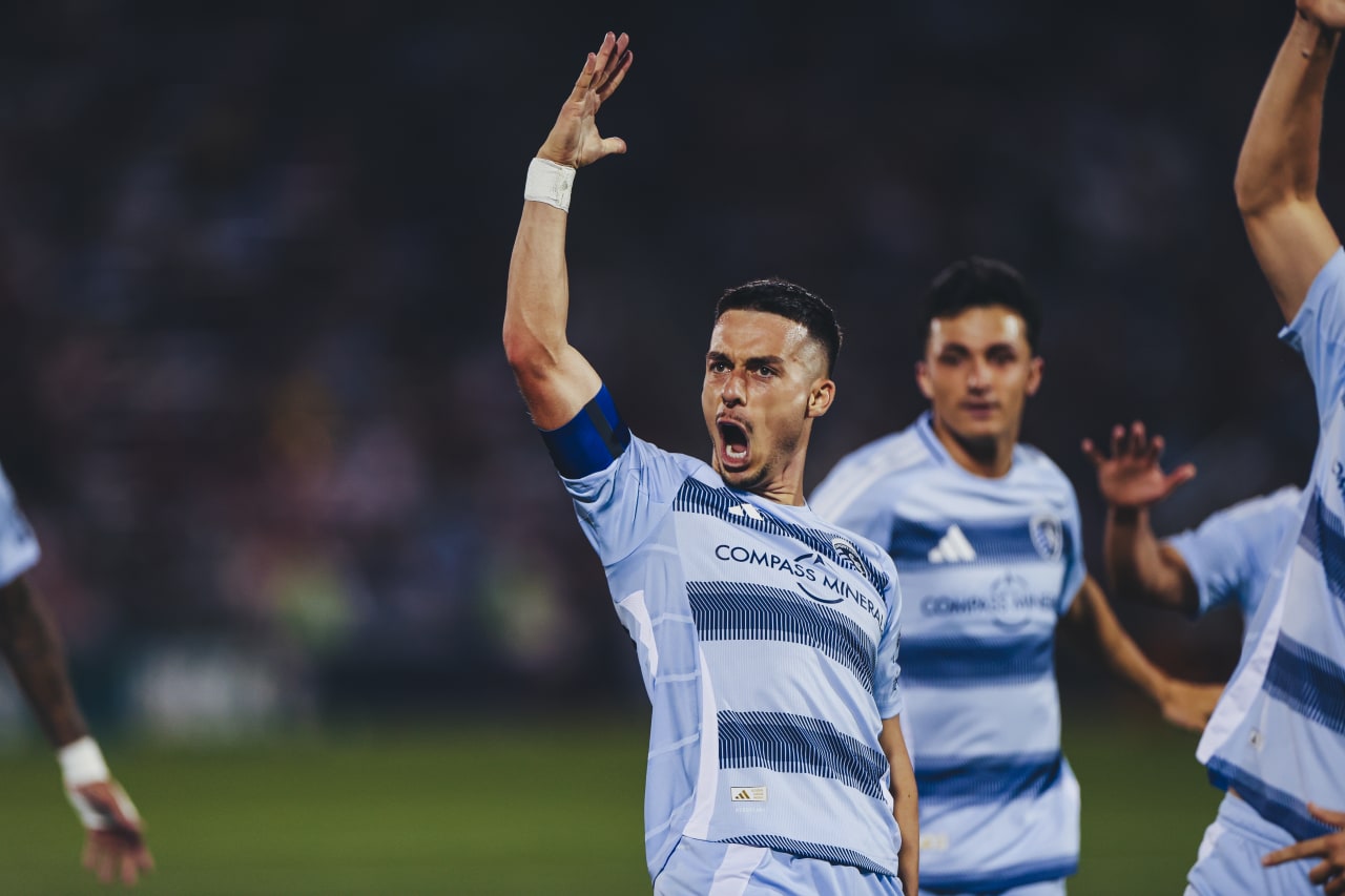 Sporting KC forward Erik Thommy celebrates after scoring vs Colorado.