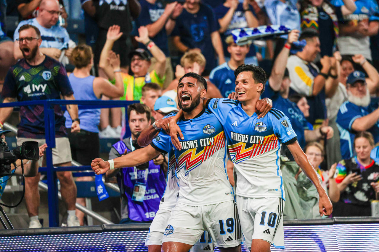 Defender Robert Castellanos (19) and Forward Daniel Salloi (10) celebrate Castellanos goal.