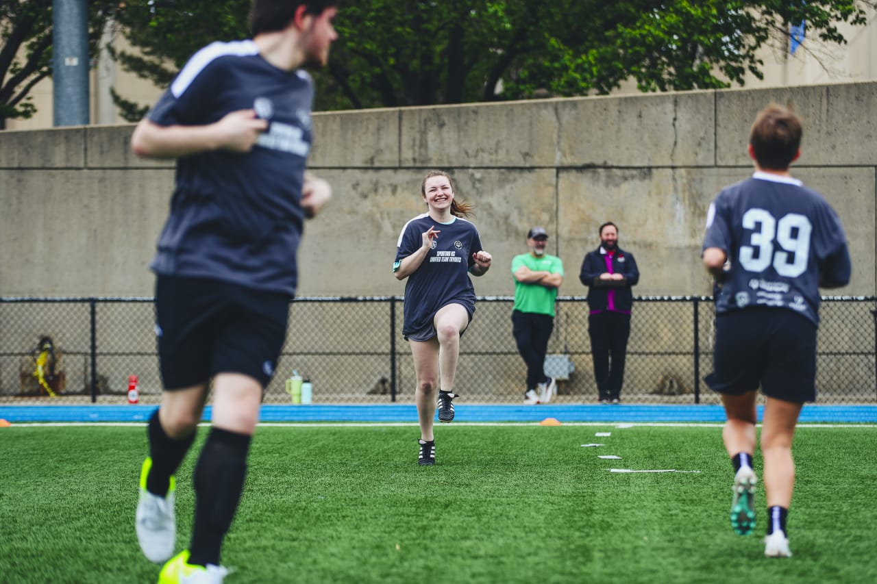 Players practice drills at  Sporting KC's Unified Team tryouts on April 27.