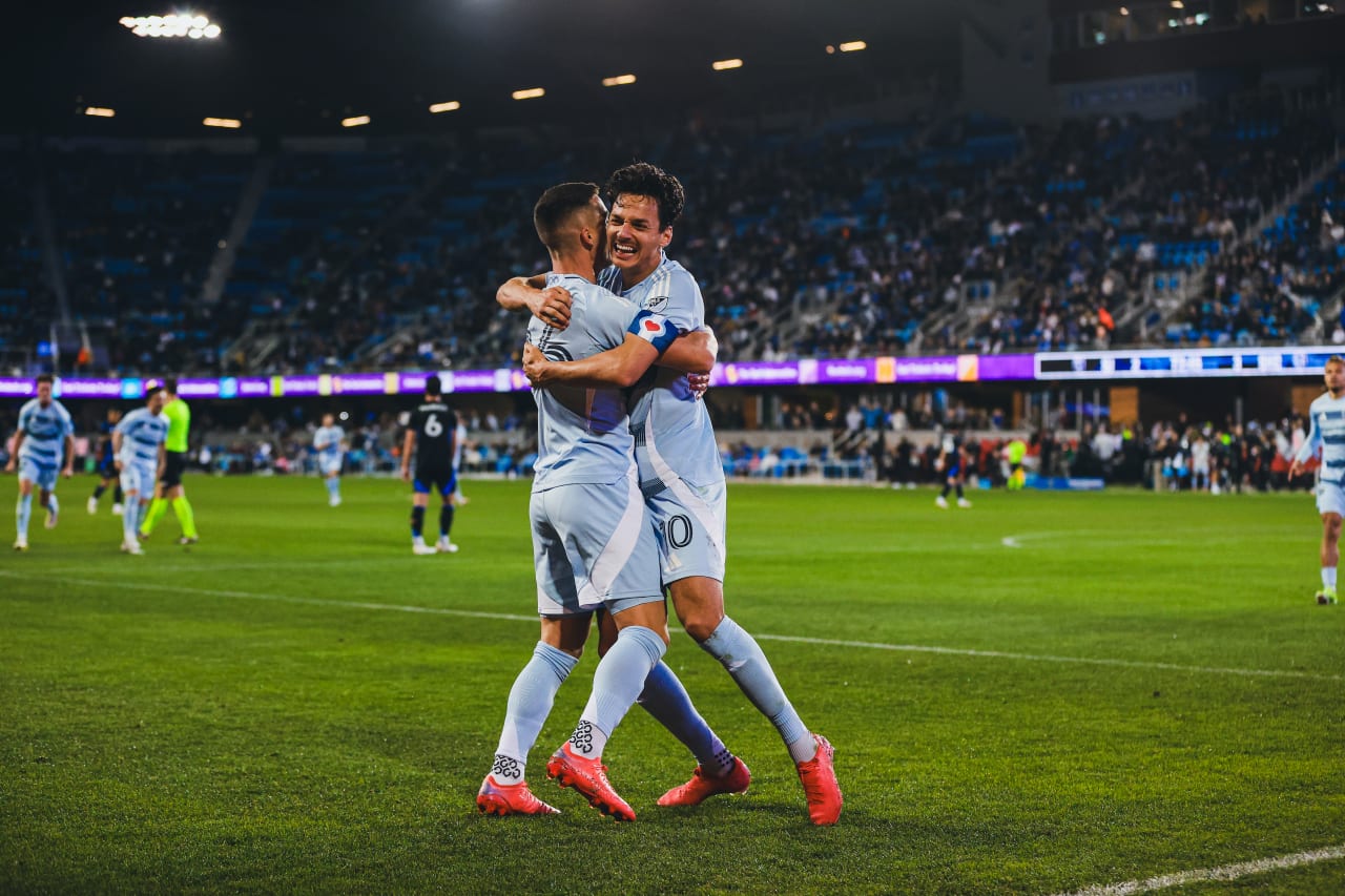 Sporting KC forward Daniel Salloi celebrates his goal with Sporting KC forward Erik Thommy after receiving the assist from him