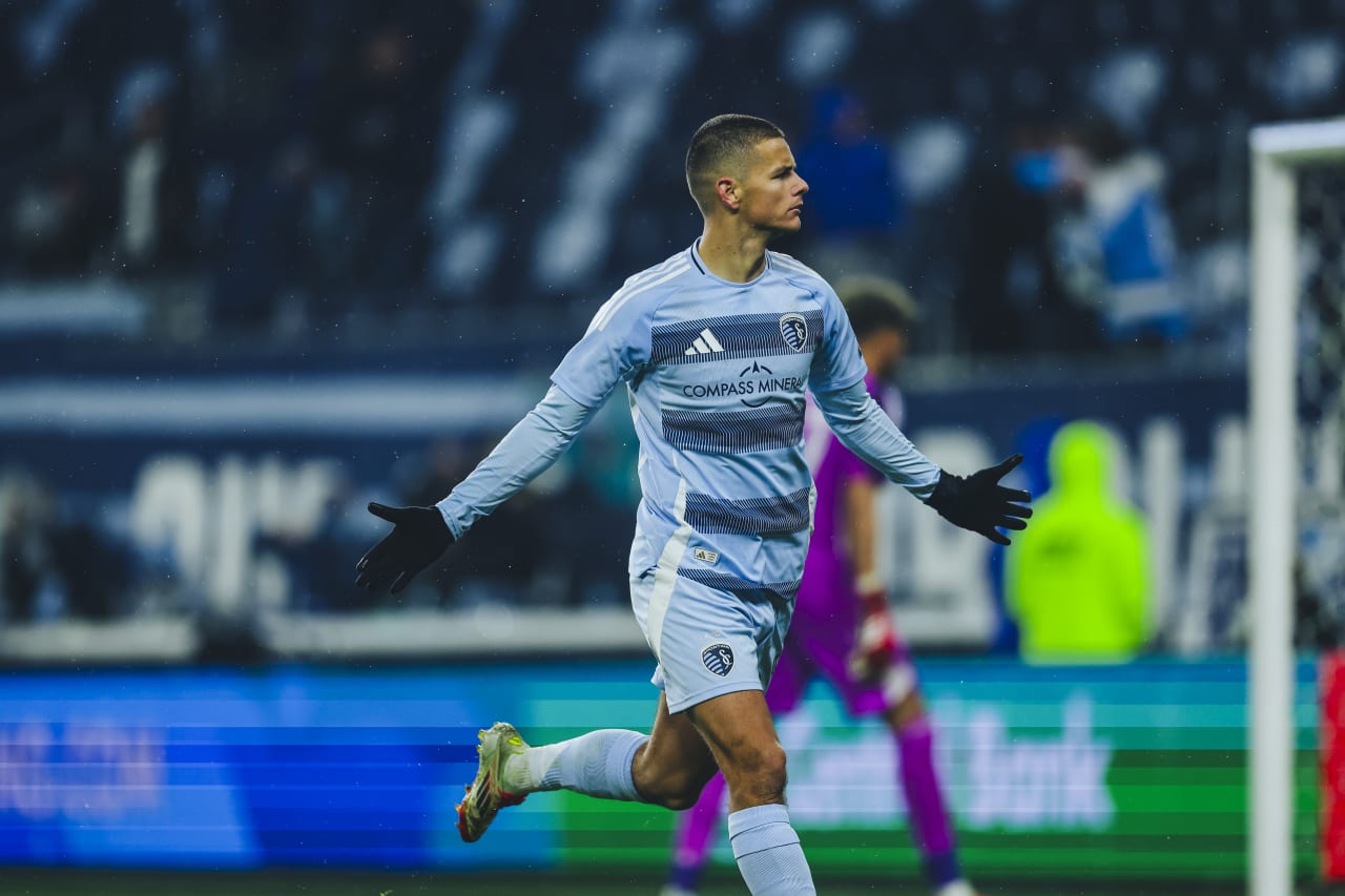 Sporting KC forward Dejan Joveljic celebrates after scoring the third goal for Sporting KC.