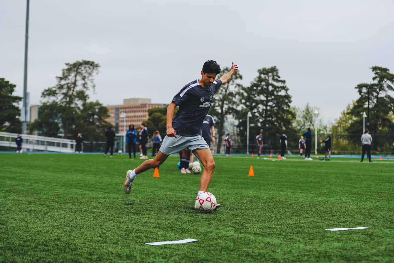 A player takes a shot at  Sporting KC's Unified Team tryouts on April 27.