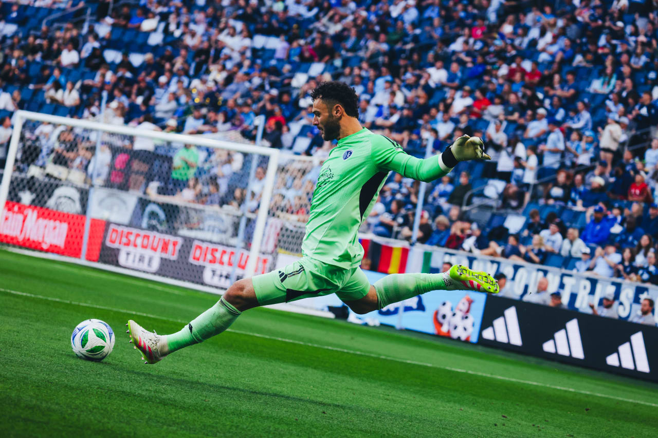 Sporting KC goalkeeper John Pulskamp kick the ball during the game on Sunday.
