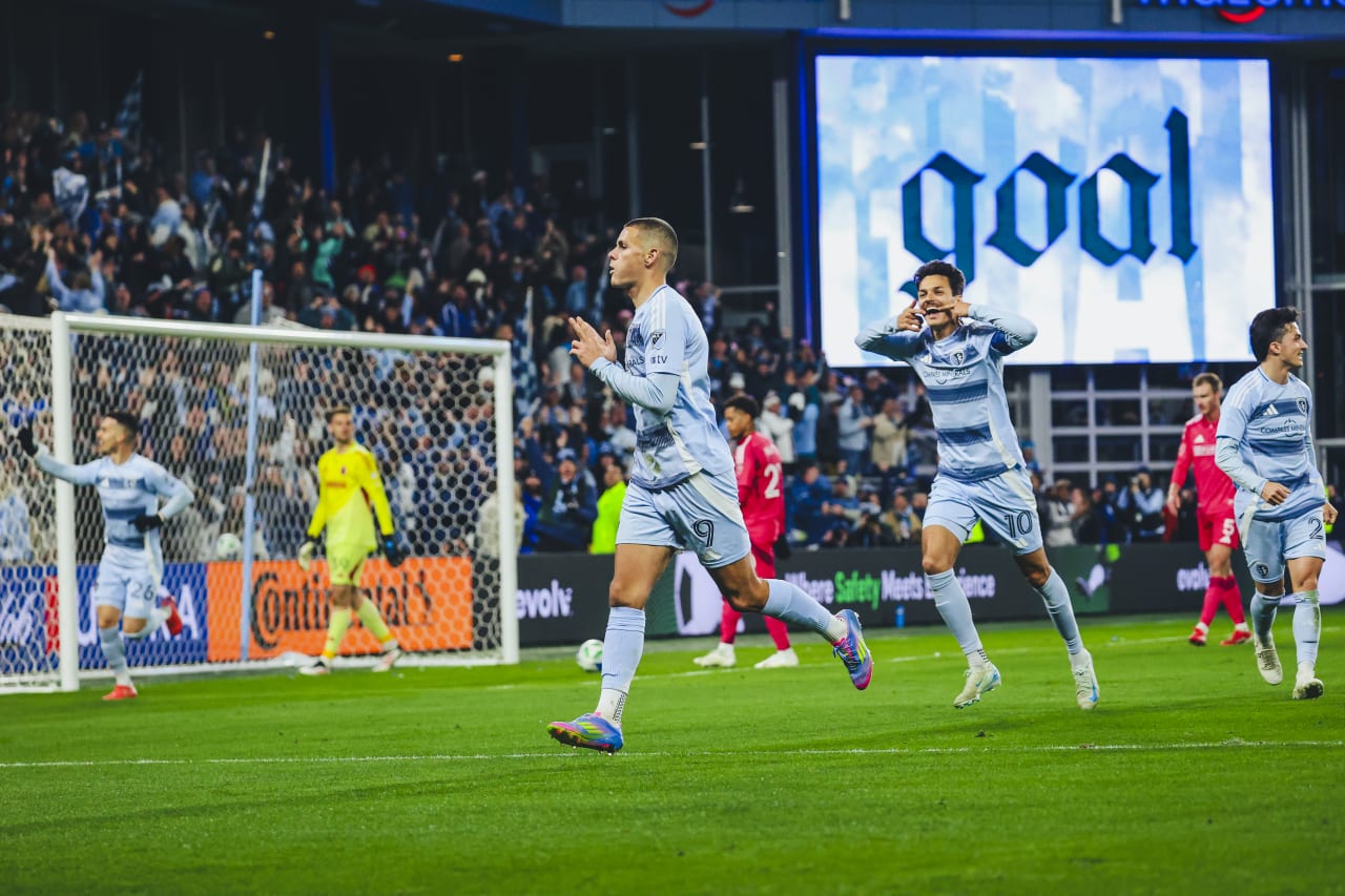 Sporting KC forward Dejan Joveljic celebrates with his usual double finger gun celebration after scoring for the second time vs St. Louis.