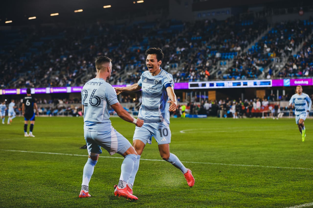 Sporting KC forward Daniel Salloi celebrates his goal with Sporting KC forward Erik Thommy