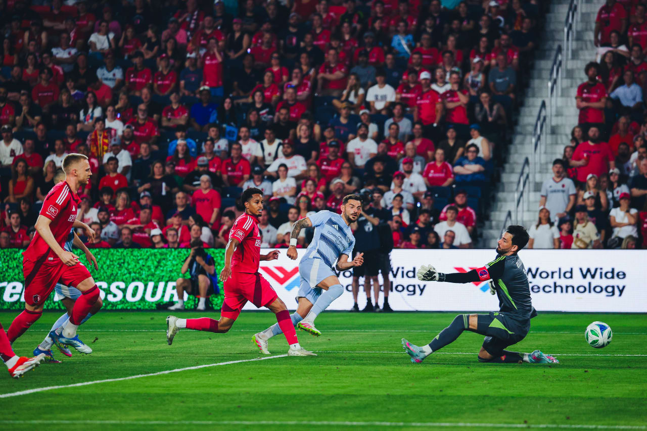 Sporting KC defender Tim Leibold shoots and scores vs St. Louis