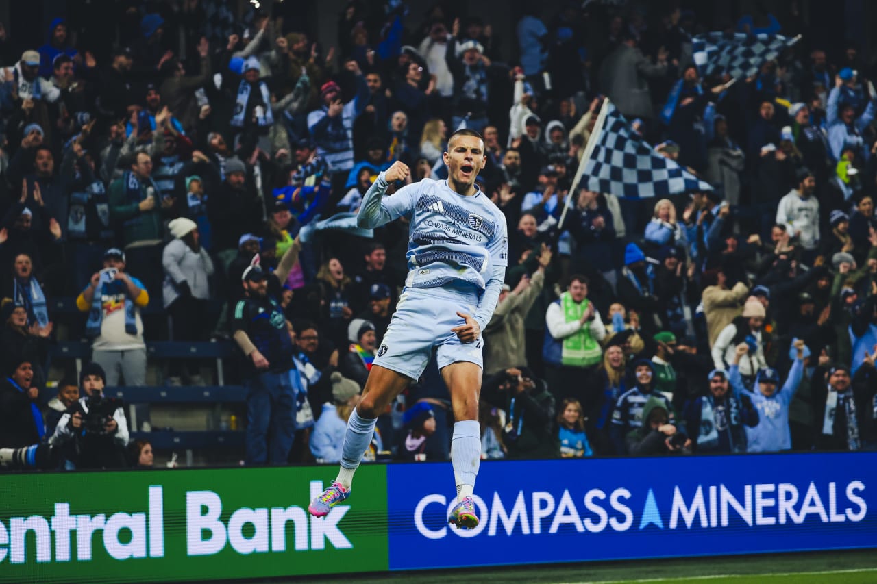 Sporting KC forward Dejan Joveljic jumps in celebration after completing his brace against St. Louis.