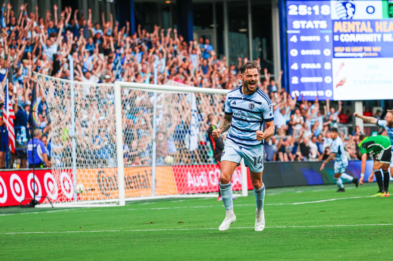 Defender Tim LEibold (14) celebrates his goal against Austin on June 29, 2024 at Children's Mercy Park.