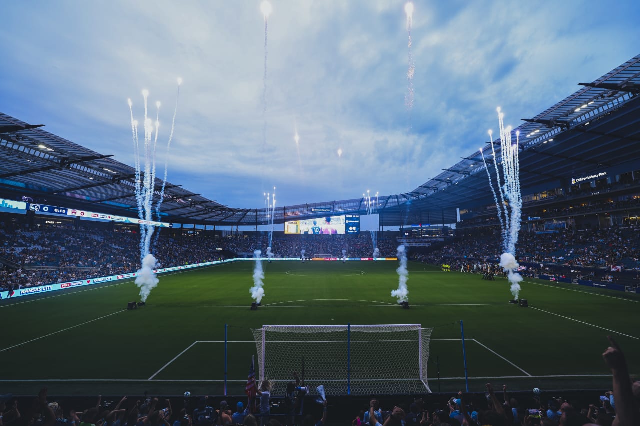 Fireworks go off inside Children's Mercy Park before the game at Children's Mercy Park.