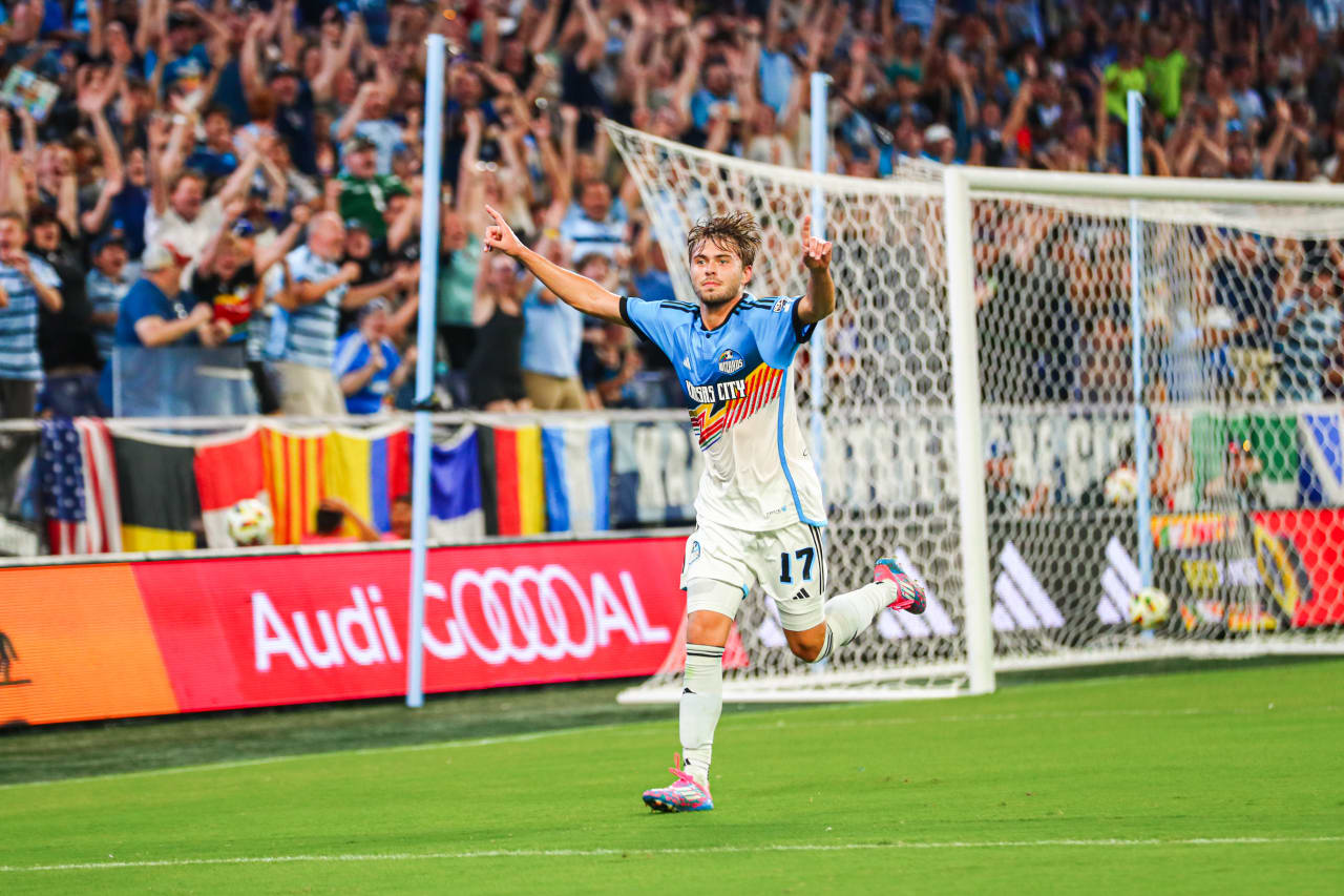 Midfielder Jake Davis (17) celebrates his goal against Orlando City SC on Aug. 24, 2024 during Retro Night at Children's Mercy APrk.
