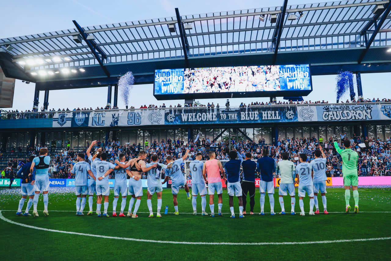 Sporting KC players sway with the cauldron after a hard fought win over the LA Galaxy