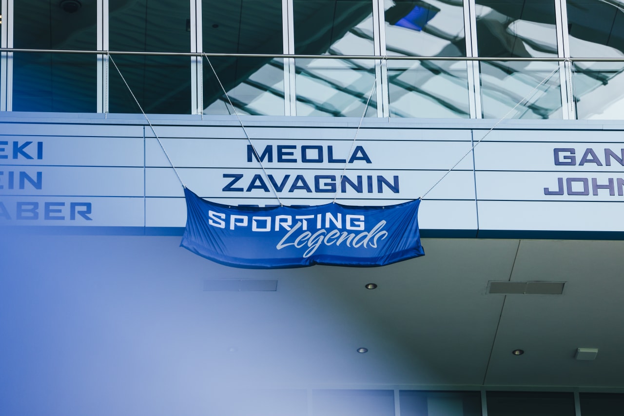 A banner covers Matt Beslers name at Children's Mercy Park before he is inducted as a Sporting Legend.